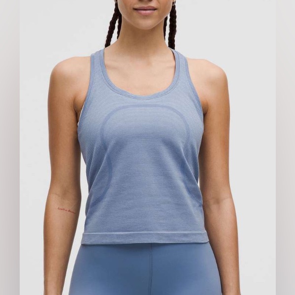 Nwt Lululemon Swiftly 2.0 Tank Spandex Stripe Washed Denim/Starch Blue Sz18